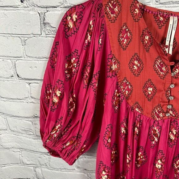 Anthropologie Women’s Top Puffed Sleeve Ikat Floral Henley Relaxed Pink & Red XS - Picture 5 of 9